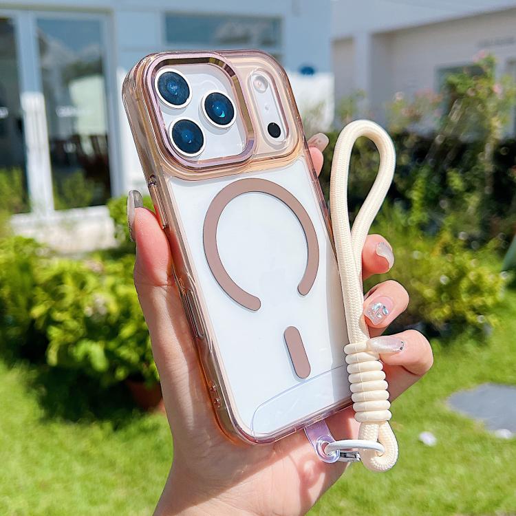 For iPhone 17 Pro MagSafe Magnetic Clear Phone Case with Wrist Strap(Gold)