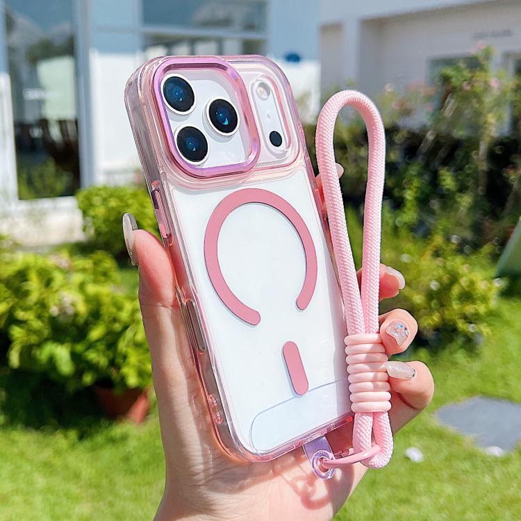 For iPhone 17 Pro MagSafe Magnetic Clear Phone Case with Wrist Strap(Pink)