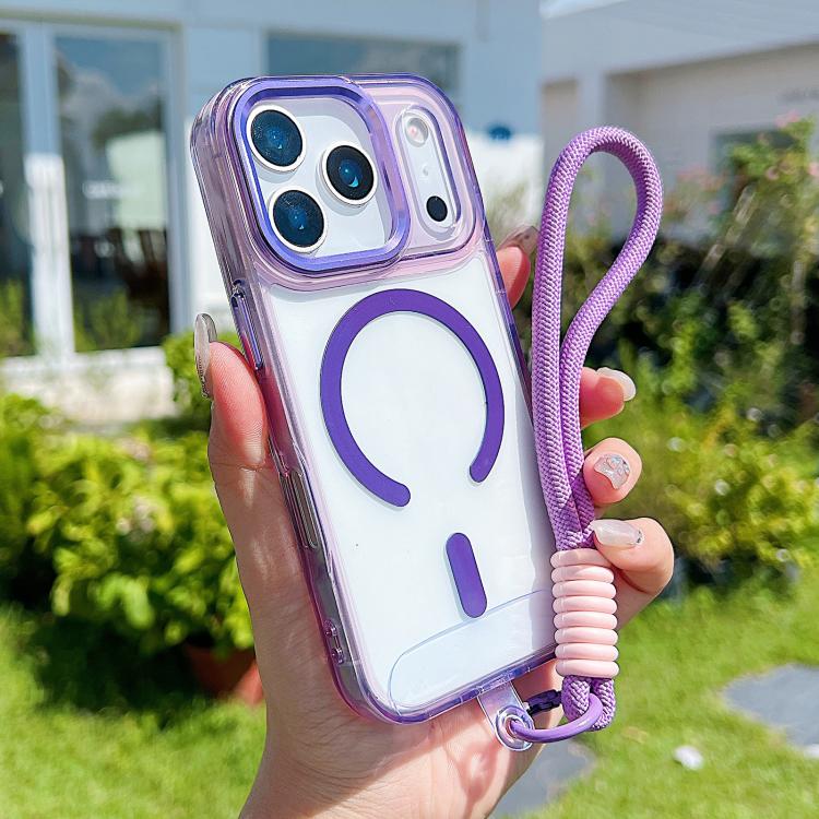 For iPhone 17 Pro MagSafe Magnetic Clear Phone Case with Wrist Strap(Purple)