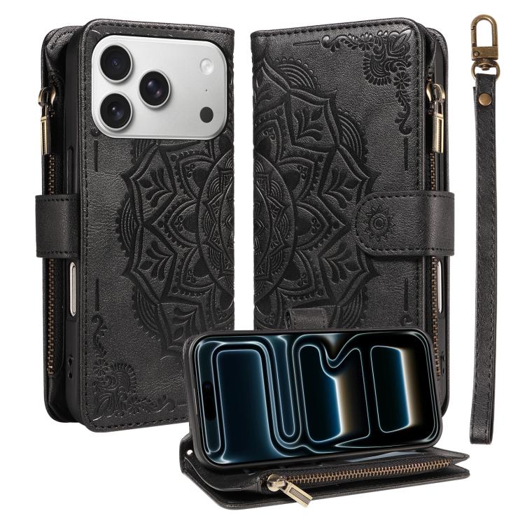 For iPhone 17 Pro Mandala Embossed 9-Card Zipper RFID Vegan Leather Phone Case with Short Lanyard(Black)