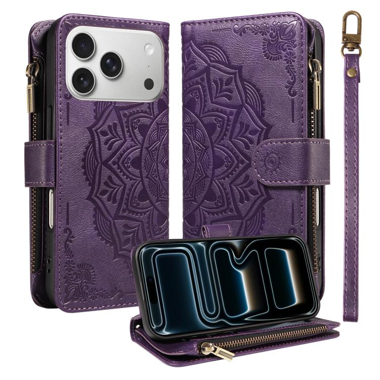 For iPhone 17 Pro Mandala Embossed 9-Card Zipper RFID Vegan Leather Phone Case with Short Lanyard(Purple)