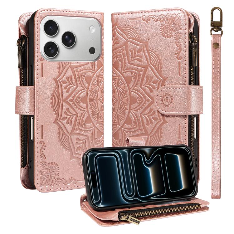 For iPhone 17 Pro Mandala Embossed 9-Card Zipper RFID Vegan Leather Phone Case with Short Lanyard(Rose Gold)