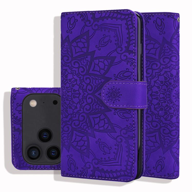 For iPhone 17 Pro Mandala Embossed Dual-Fold Calf Leather Phone Case(Purple)