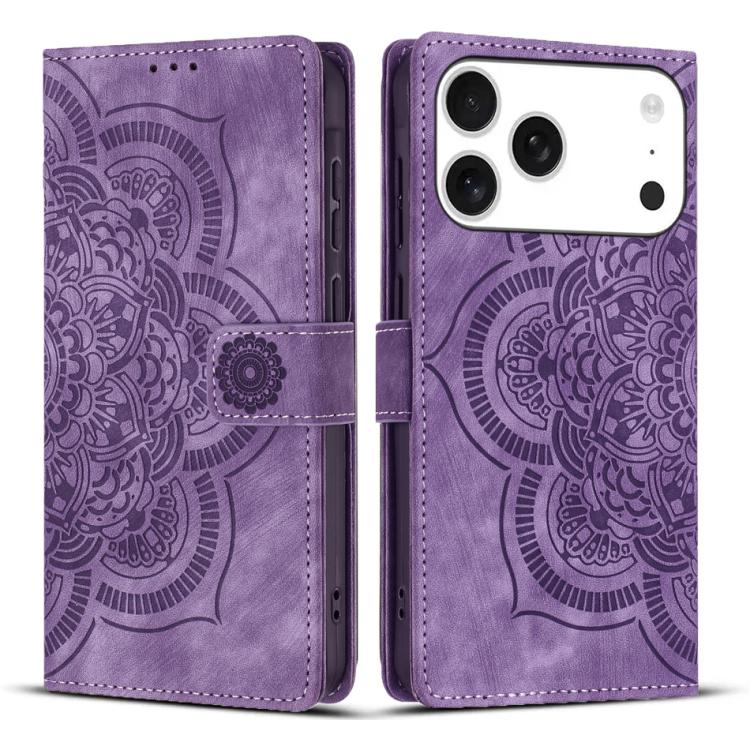 For iPhone 17 Pro Mandala Embossed Retro Frosted Leather Phone Case(Purple)