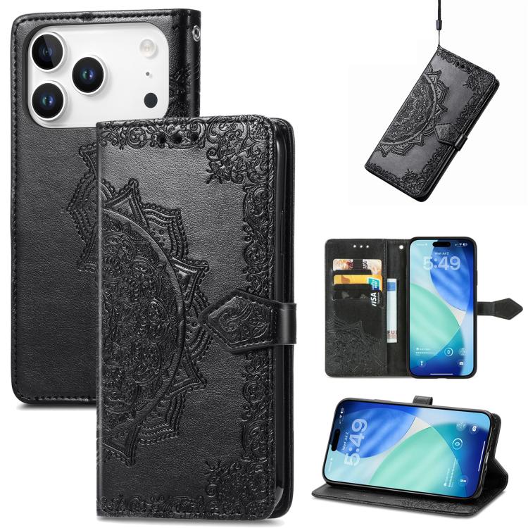 For iPhone 17 Pro Mandala Flower Embossed Leather Phone Case(Black)
