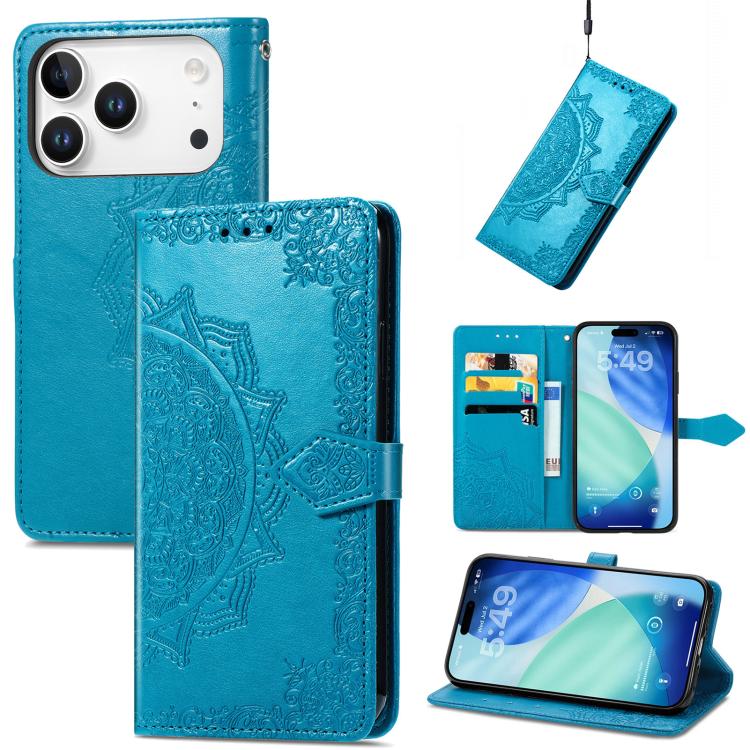For iPhone 17 Pro Mandala Flower Embossed Leather Phone Case(Blue)