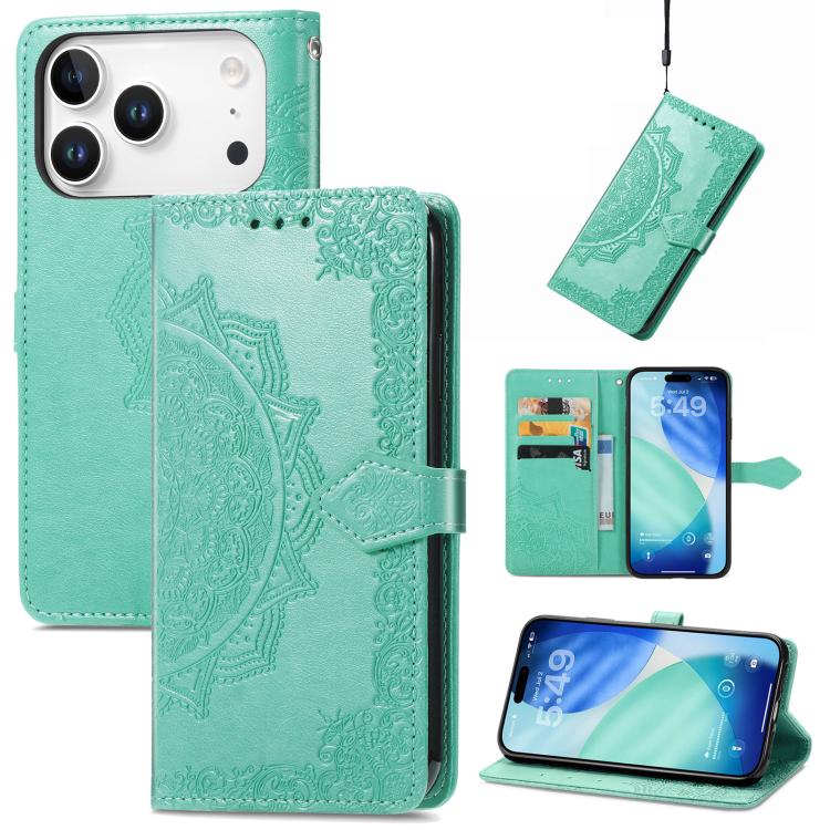 For iPhone 17 Pro Mandala Flower Embossed Leather Phone Case(Green)