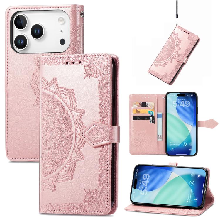 For iPhone 17 Pro Mandala Flower Embossed Leather Phone Case(Rose Gold)