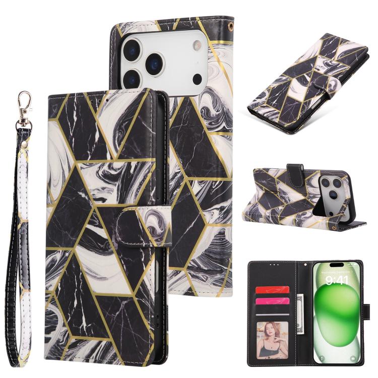 For iPhone 17 Pro Marble Bronzing Stitching Leather Phone Case(Black)