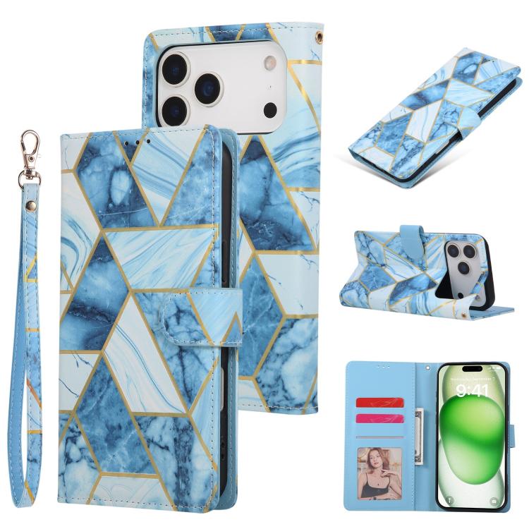 For iPhone 17 Pro Marble Bronzing Stitching Leather Phone Case(Blue)