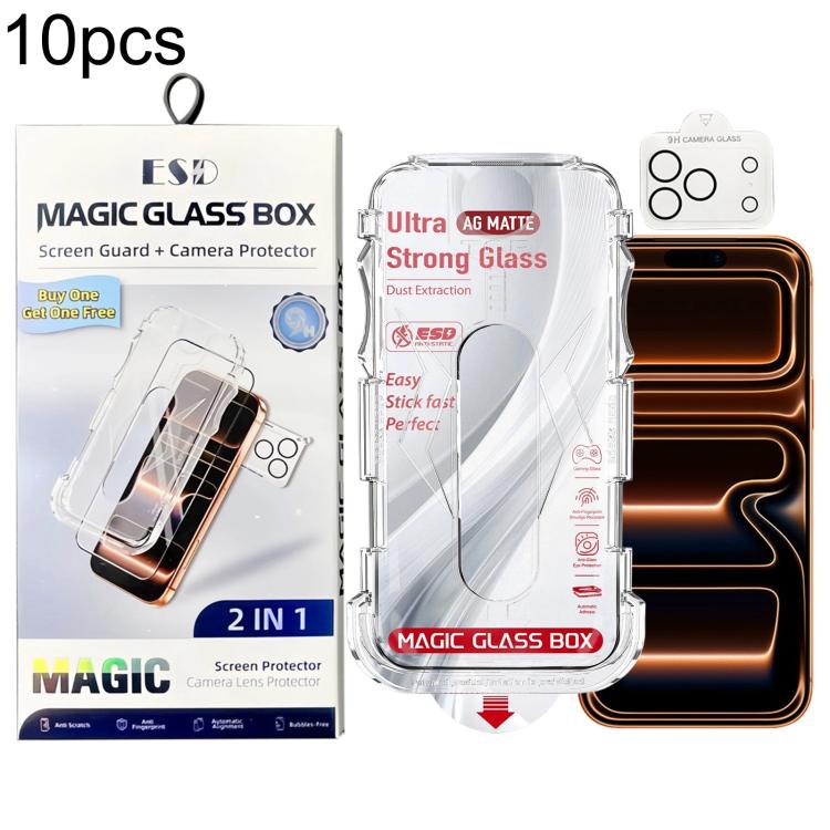 For iPhone 17 Pro Max 10pcs Easy Install Dust-proof Box Frosted Tempered Glass Film with Lens Film