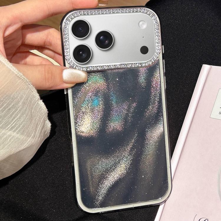 For iPhone 17 Pro Max 3 in 1 Diamond Lens Frame Quicksand Pattern Phone Case(Black)