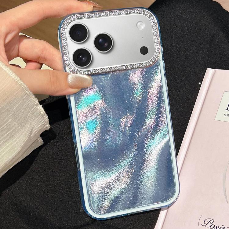 For iPhone 17 Pro Max 3 in 1 Diamond Lens Frame Quicksand Pattern Phone Case(Blue)
