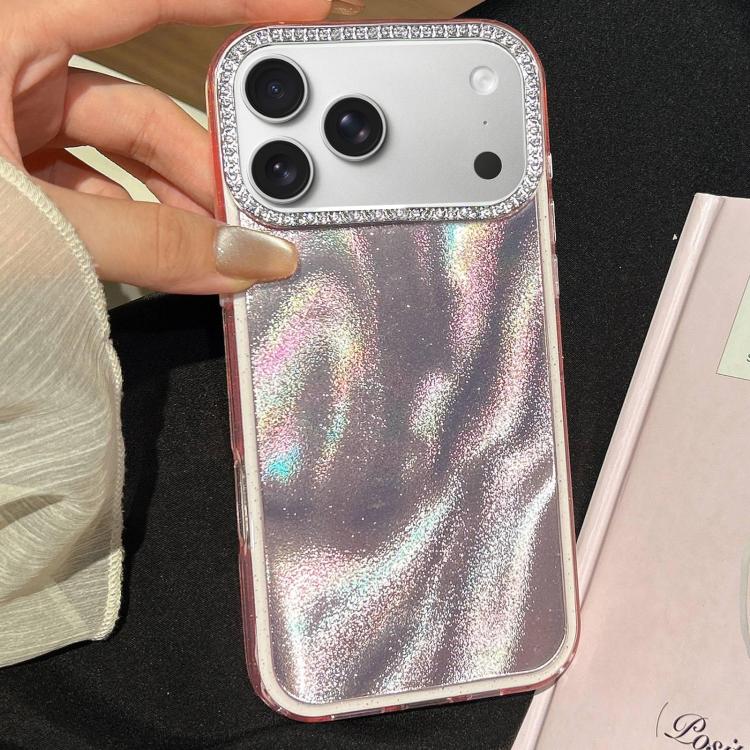 For iPhone 17 Pro Max 3 in 1 Diamond Lens Frame Quicksand Pattern Phone Case(Pink)