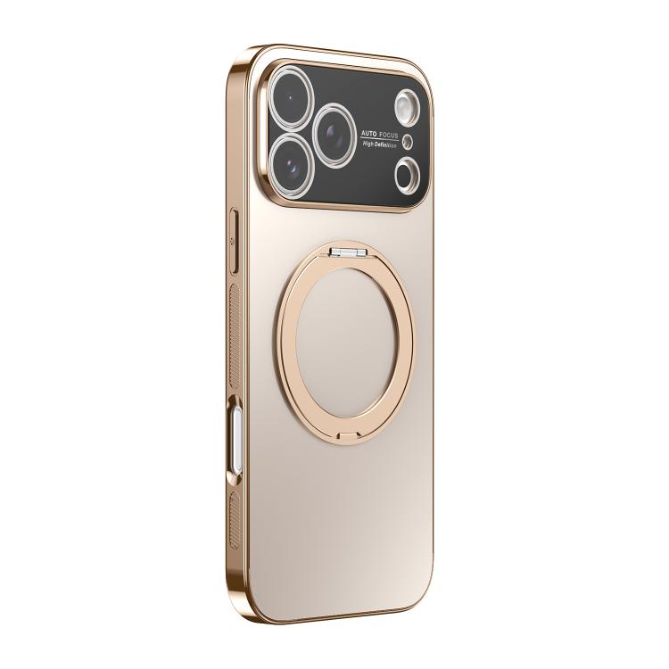 For iPhone 17 Pro Max 360 Degree Rotating Holder MagSafe Electroplated Phone Case with Lens Cover(Desert Gold)