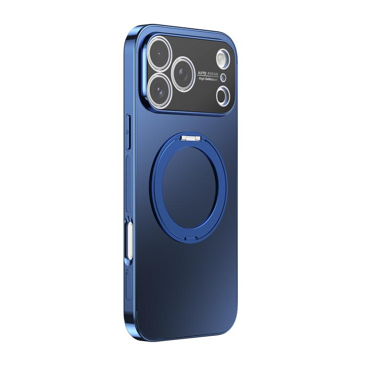 For iPhone 17 Pro Max 360 Degree Rotating Holder MagSafe Electroplated Phone Case with Lens Cover(Navy Blue)