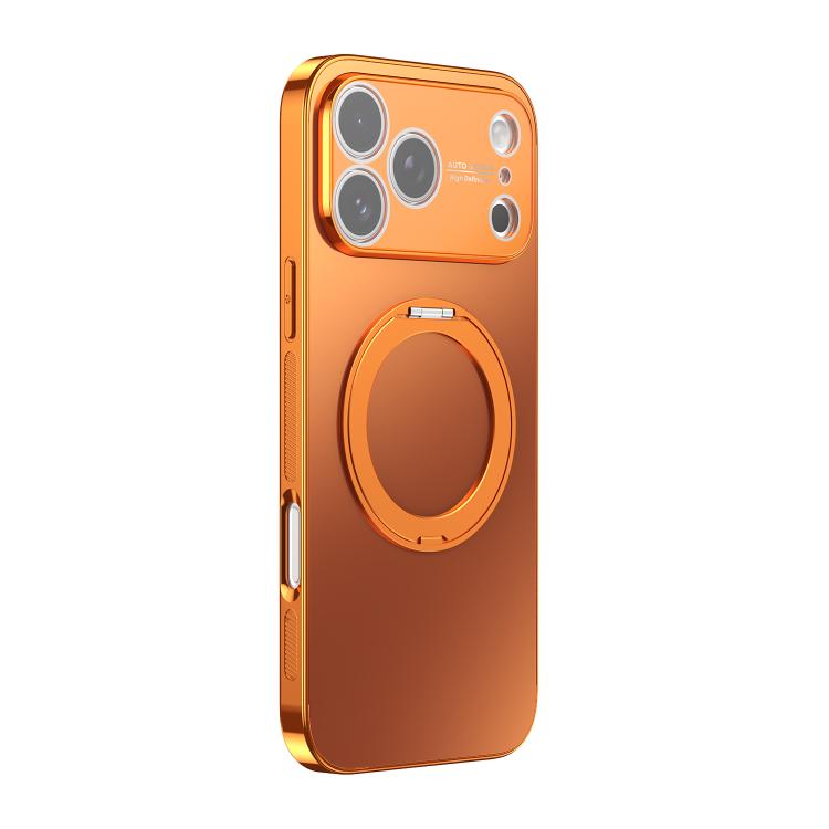 For iPhone 17 Pro Max 360 Degree Rotating Holder MagSafe Electroplated Phone Case with Lens Cover(Orange)