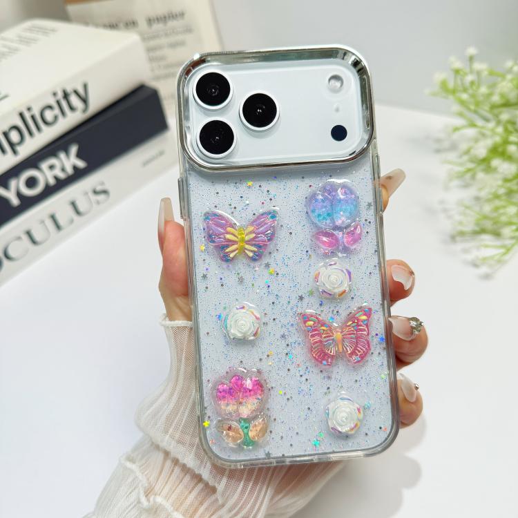 For iPhone 17 Pro Max 3D Colorful Crystal Butterfly TPU Phone Case(Butterful Flowers)