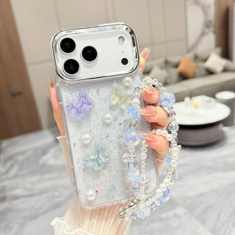 For iPhone 17 Pro Max 3D Four-Butterfly Glitter Epoxy TPU Phone Case with Bracelet Chain(Blue)