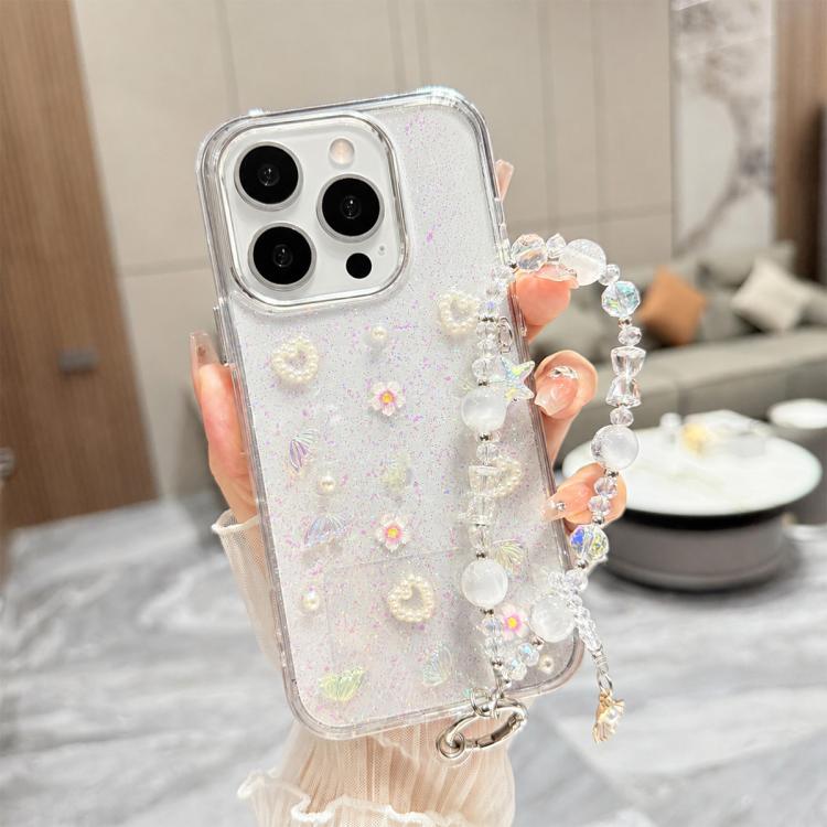 For iPhone 17 Pro Max 3D Four-Butterfly Glitter Epoxy TPU Phone Case with Bracelet Chain(Colorful White)