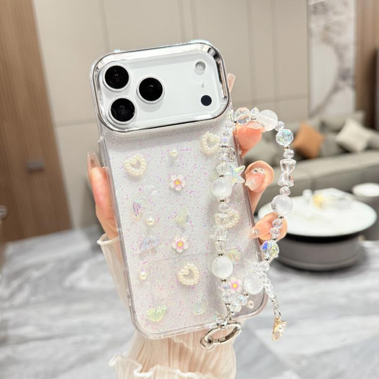 For iPhone 17 Pro Max 3D Four-Butterfly Glitter Epoxy TPU Phone Case with Bracelet Chain(Green)