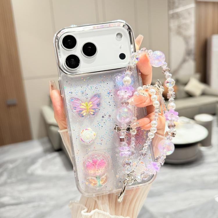 For iPhone 17 Pro Max 3D Four-Butterfly Glitter Epoxy TPU Phone Case with Bracelet Chain(Purple)