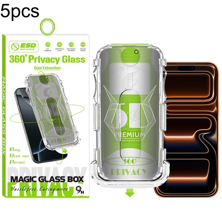 For iPhone 17 Pro Max 5pcs 5D Curved Easy Install Dust-proof Box 360 Privacy Tempered Glass Film