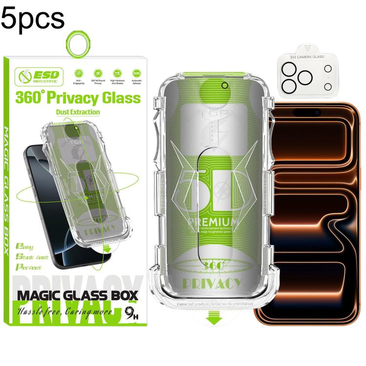 For iPhone 17 Pro Max 5pcs 5D Curved Easy Install Dust-proof Box 360 Privacy Tempered Glass Film with Lens Film