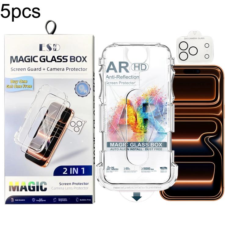For iPhone 17 Pro Max 5pcs Easy Install Dust-proof Box AR HD Tempered Glass Film with Lens Film