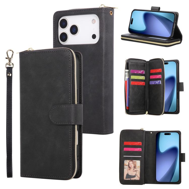 For iPhone 17 Pro Max 9 Card Slots Zipper Wallet Bag Leather Phone Case(Black)