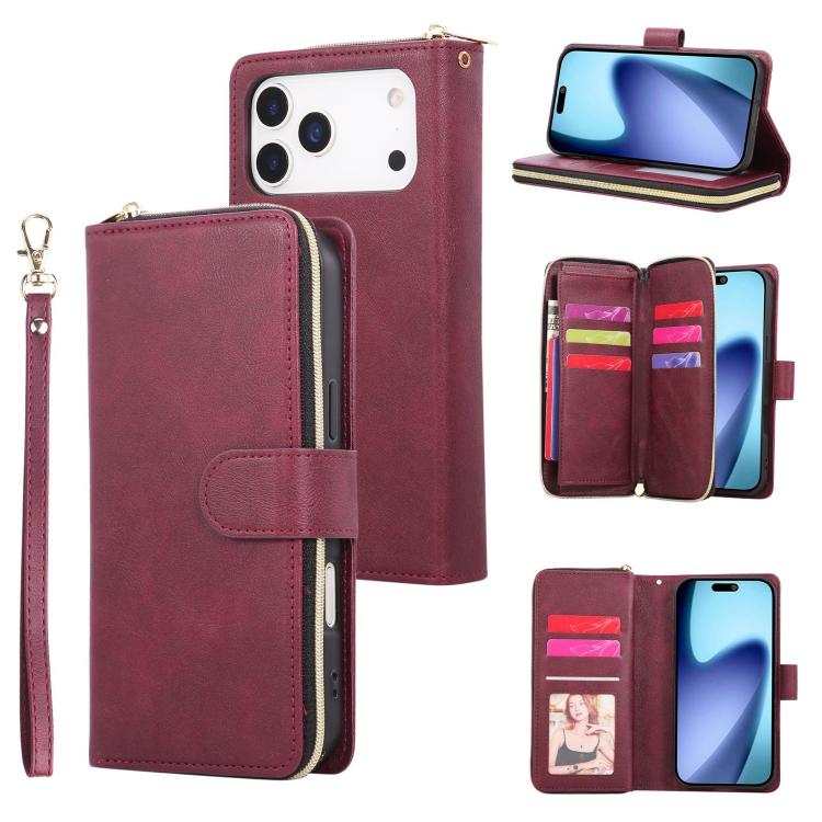 For iPhone 17 Pro Max 9 Card Slots Zipper Wallet Bag Leather Phone Case(Wine Red)