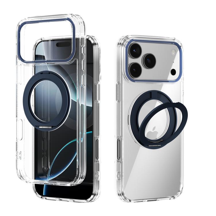 For iPhone 17 Pro Max ABEEL MagSafe Q-LUCK Pivot Bracket Transparent Phone Case(Dark Blue)