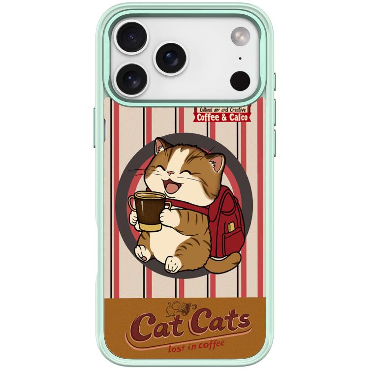 For iPhone 17 Pro Max Adorable Coffee Cat Pattern Magnetic Phone Case(Light Green)