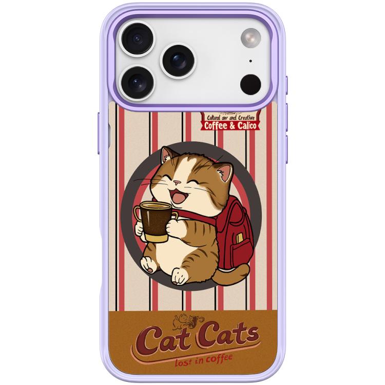 For iPhone 17 Pro Max Adorable Coffee Cat Pattern Magnetic Phone Case(Light Purple)