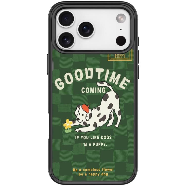 For iPhone 17 Pro Max Adorable Flower Catching Dog Pattern Magnetic Phone Case(Black)