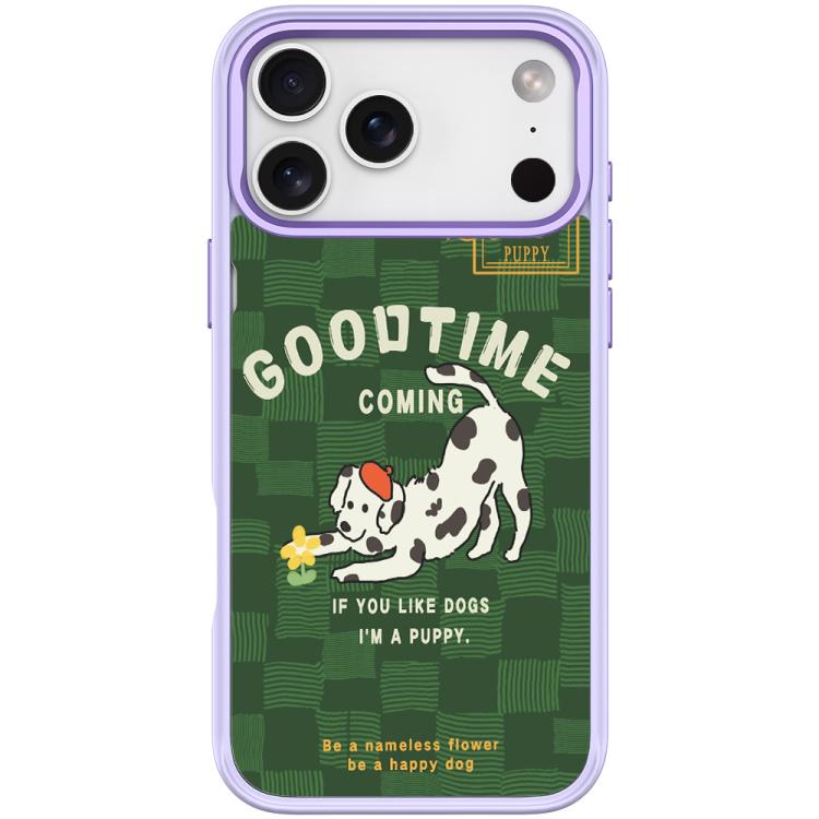 For iPhone 17 Pro Max Adorable Flower Catching Dog Pattern Magnetic Phone Case(Light Purple)