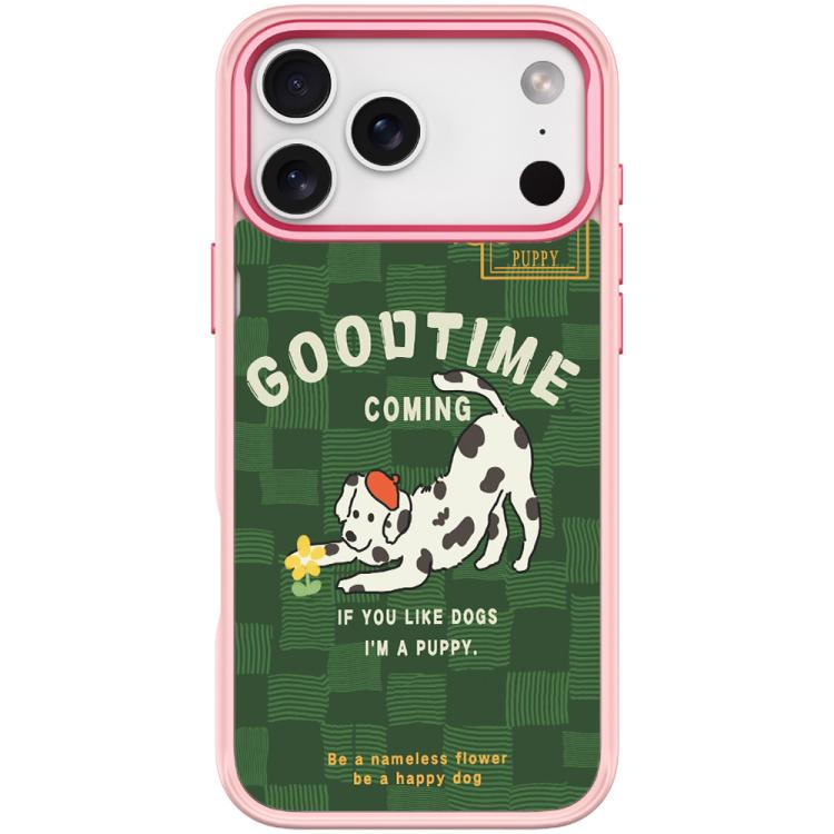 For iPhone 17 Pro Max Adorable Flower Catching Dog Pattern Magnetic Phone Case(Pink)