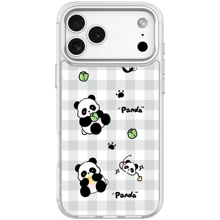 For iPhone 17 Pro Max Adorable Grid Panda Pattern Magnetic Phone Case(Transparent White)