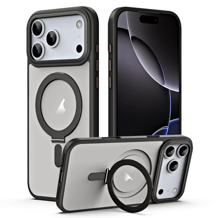 For iPhone 17 Pro Max Airbag MagSafe Shockproof Frosted Phone Case with Fold Holder(Black)