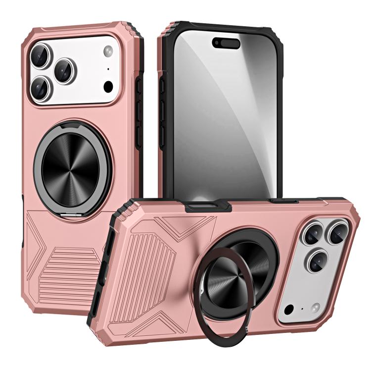 For iPhone 17 Pro Max Alloy Rotating Holder MagSafe Shockproof Phone Case(Rose Gold)