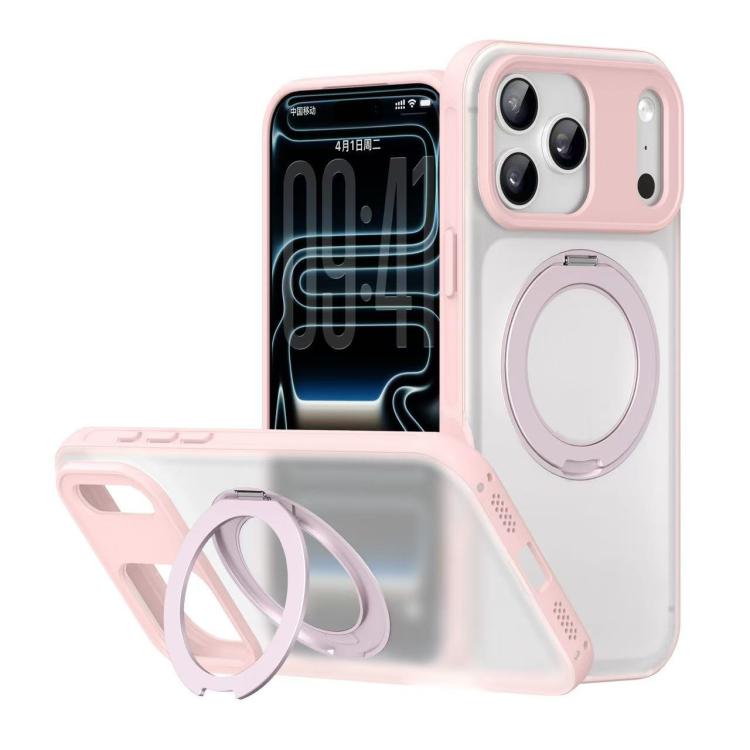 For iPhone 17 Pro Max Alpha-style Rotating Bracket Magnetic Phone Case(Transparent Pink)