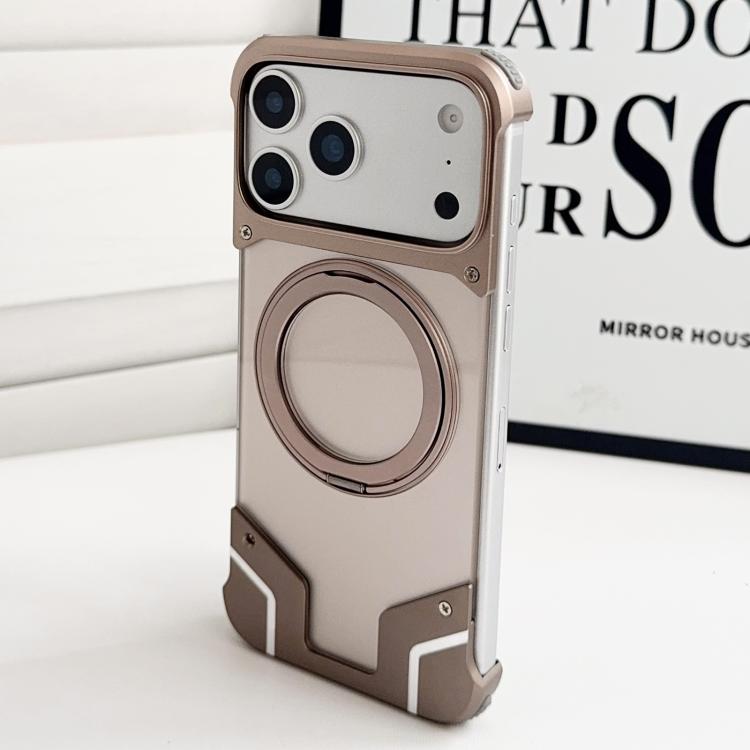 For iPhone 17 Pro Max Armor Original Color Metal Frameless 360 Rotation Holder Magnetic Phone Case(Dessert Gold)