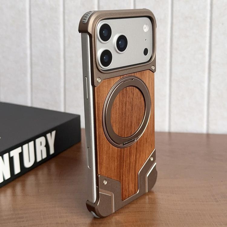 For iPhone 17 Pro Max Armor Walnut Wood Metal Frameless 360 Rotation Holder Magnetic Phone Case(Dessert Gold)