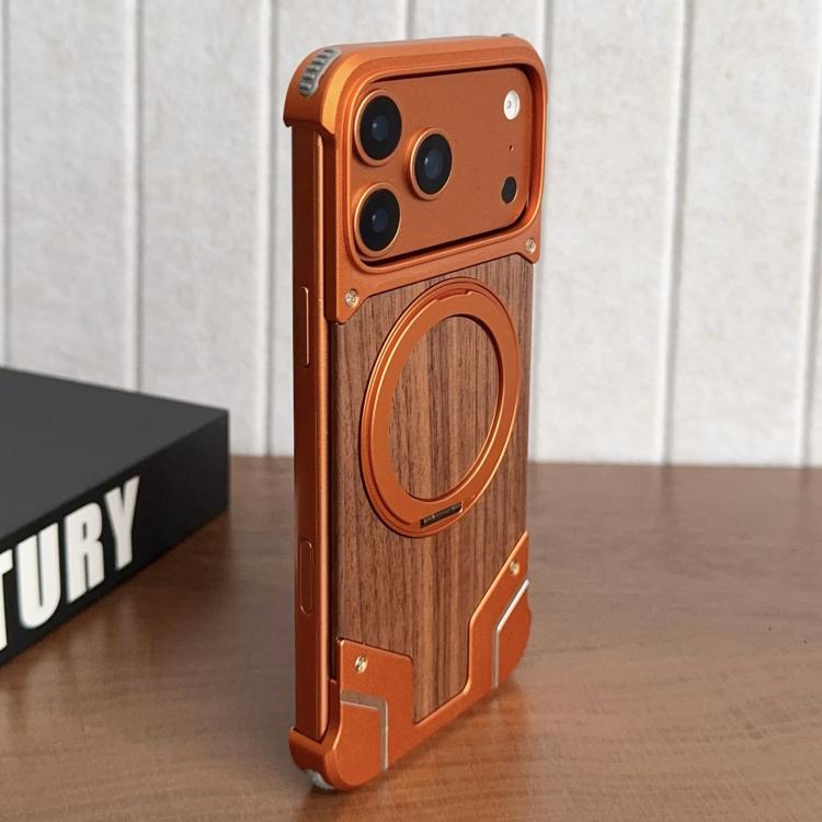 For iPhone 17 Pro Max Armor Walnut Wood Metal Frameless 360 Rotation Holder Magnetic Phone Case(Orange)