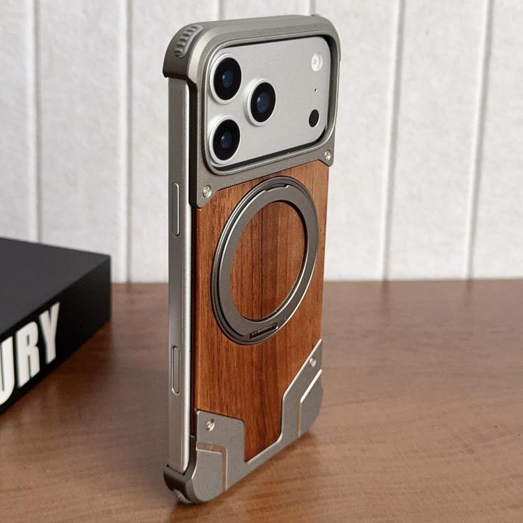 For iPhone 17 Pro Max Armor Walnut Wood Metal Frameless 360 Rotation Holder Magnetic Phone Case(Primary Color)