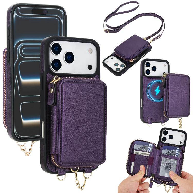 For iPhone 17 Pro Max AwQuer 2 in 1 Crossbody Zipper Wallet Leather Back Phone Case(Dark Purple)