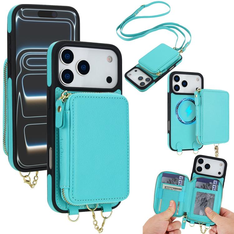 For iPhone 17 Pro Max AwQuer 2 in 1 Crossbody Zipper Wallet Leather Back Phone Case(Light Green)