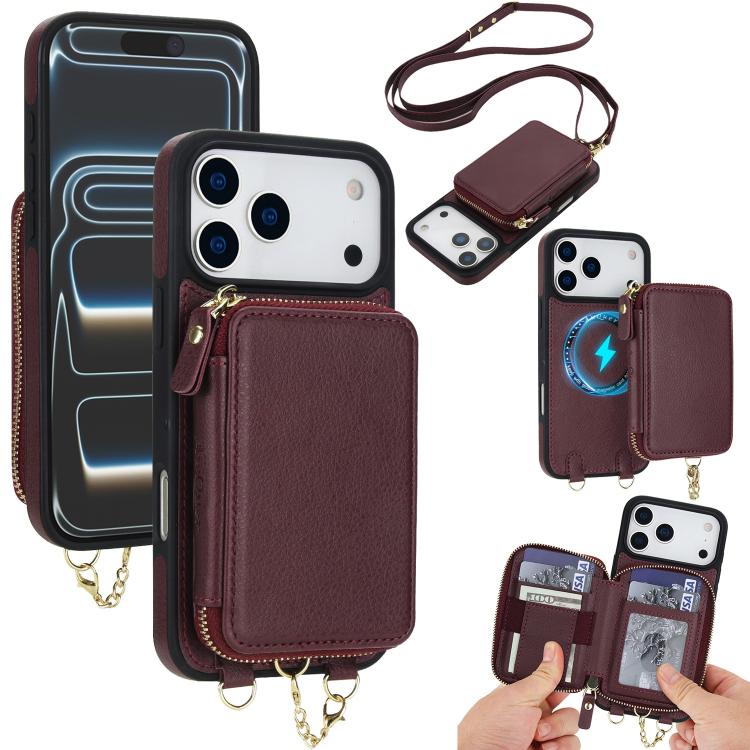 For iPhone 17 Pro Max AwQuer 2 in 1 Crossbody Zipper Wallet Leather Back Phone Case(Wine Red)