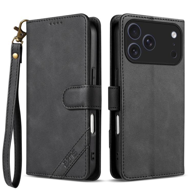 For iPhone 17 Pro Max AZNS A2 Series Tri-Card Wallet RFID Vegan Leather Phone Case with Strap(Black)