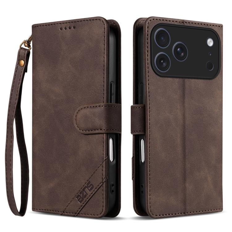 For iPhone 17 Pro Max AZNS A2 Series Tri-Card Wallet RFID Vegan Leather Phone Case with Strap(Brown)